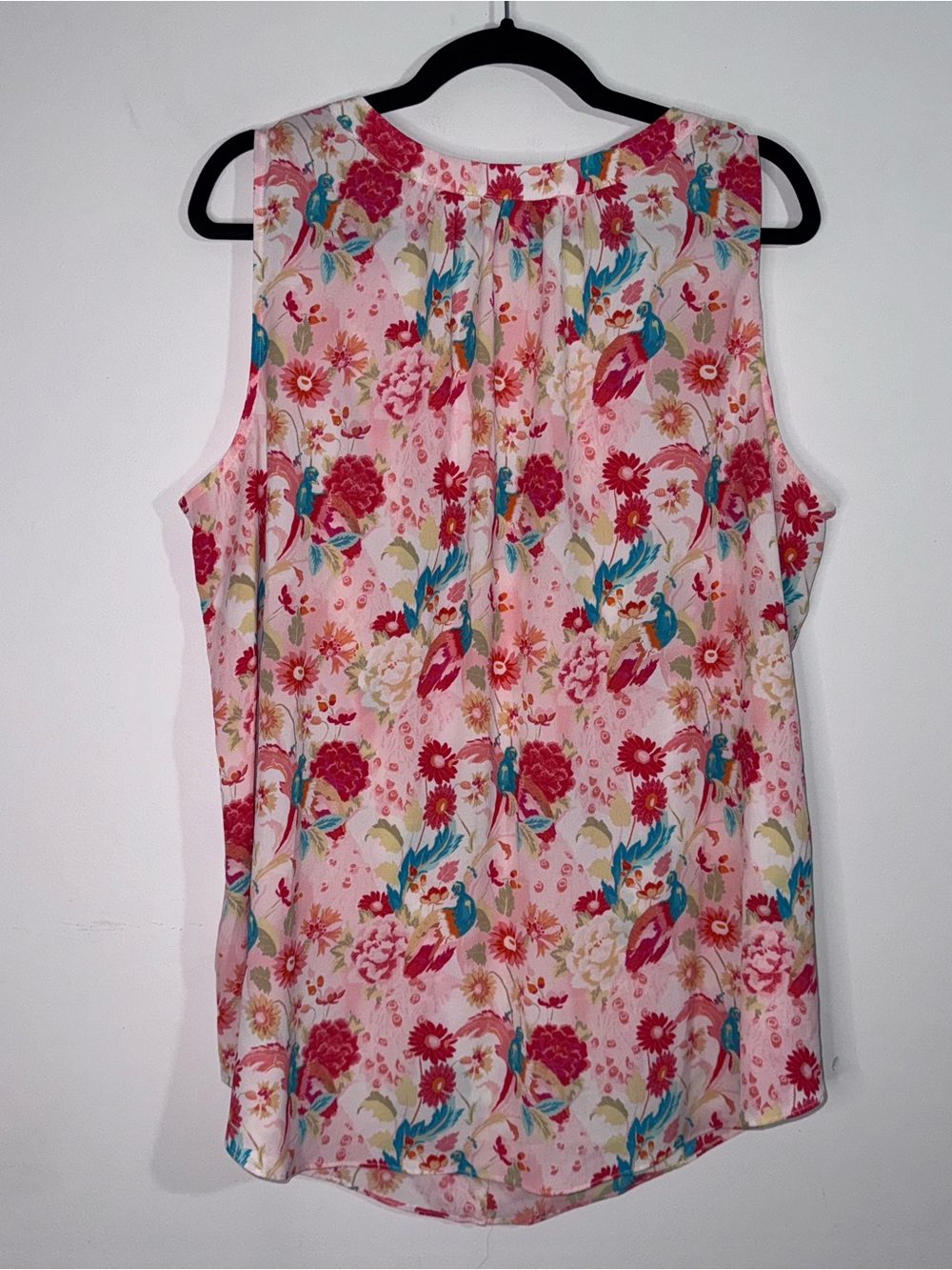 Rose + Olive Women’s 1X Pink Floral Bird Print Sleeveless Blouse Tunic Top